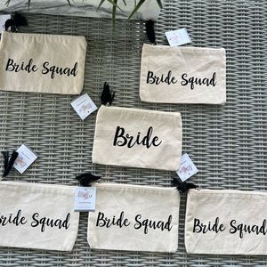 Bride and bridesmaid cosmetic bags. 1 bride, 5 bride squad